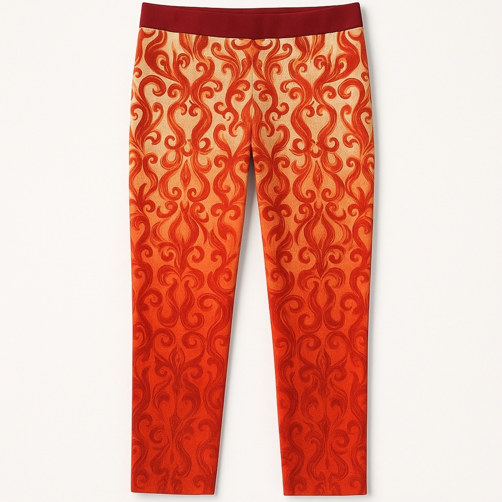 True Royal Ombre Brocade Pants Red Orange Flame Print Pants